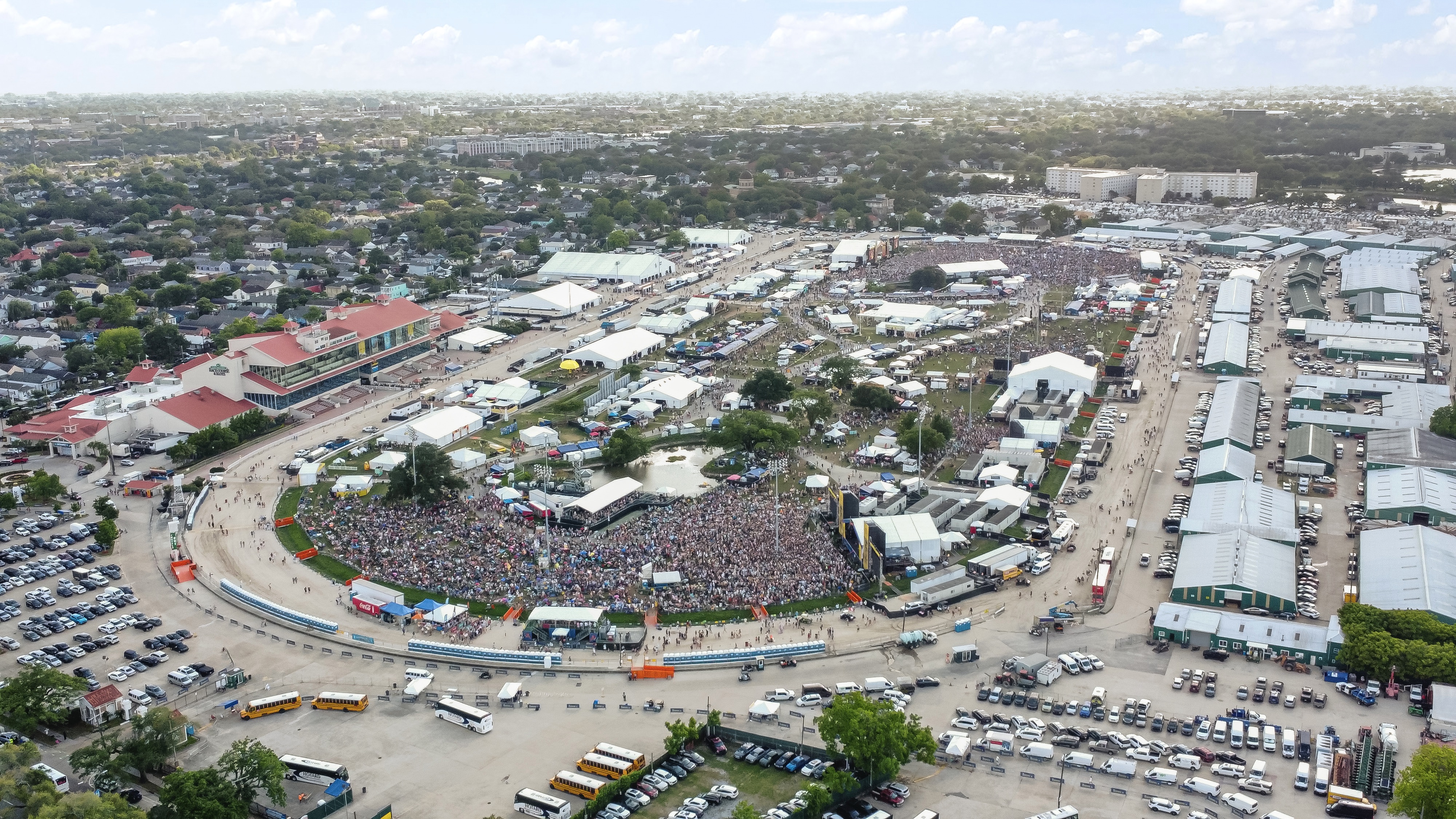 Aerial view of a major New Orleans festival and the open green space near City Park